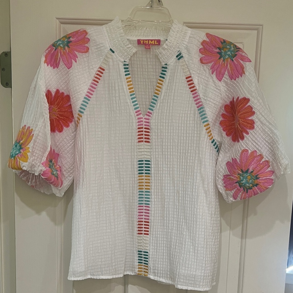 THML White Textured Blouse with Pink & Orange Floral Embroidery